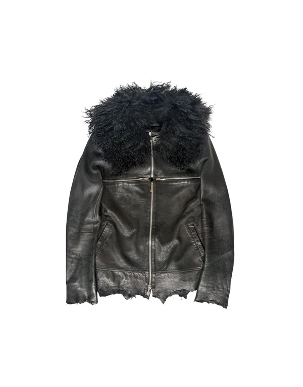 Cross Zip Fur Leather Jacket - Product Image