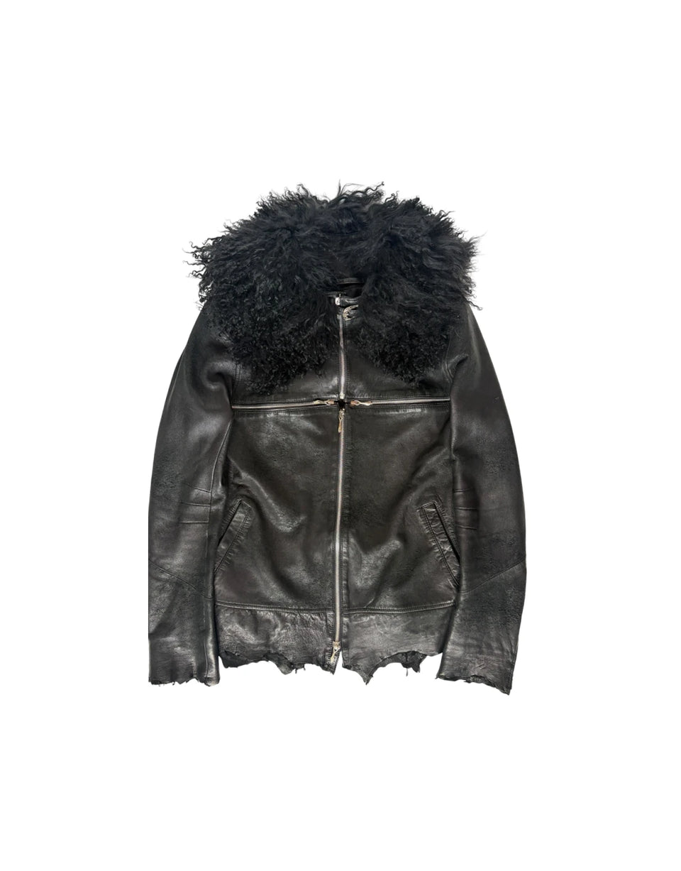 Cross Zip Fur Leather Jacket - Product Image