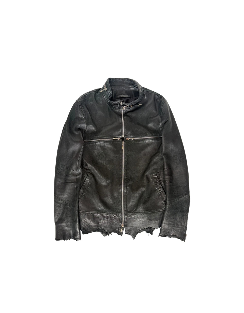 Cross Zip Fur Leather Jacket - Product Image