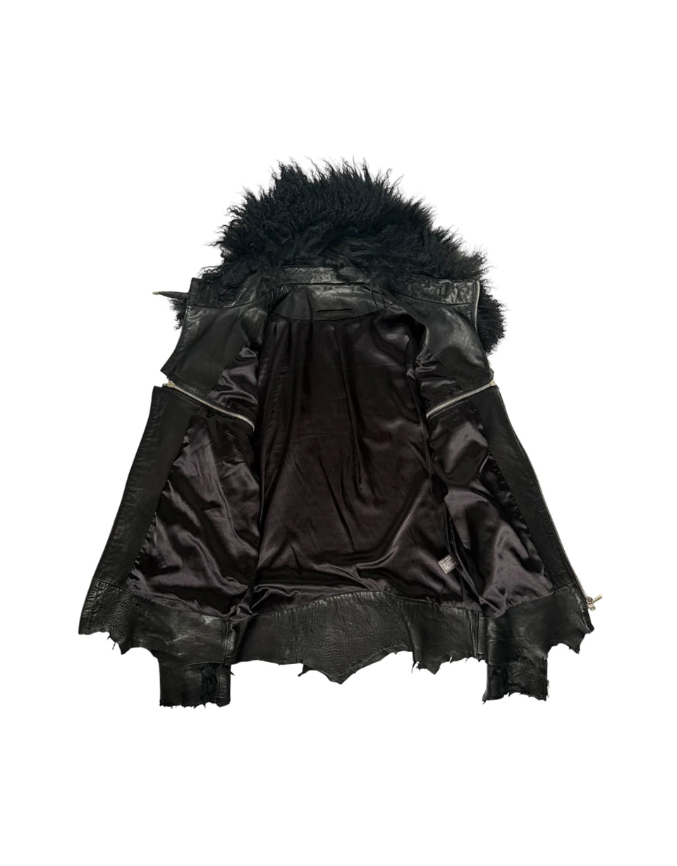 Cross Zip Fur Leather Jacket - Product Image
