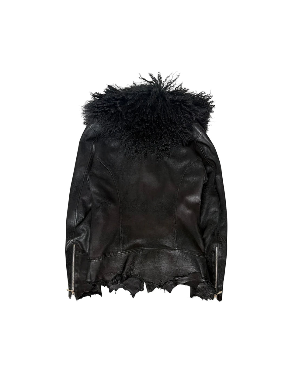 Cross Zip Fur Leather Jacket - Product Image