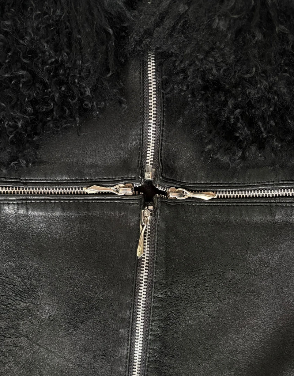 Cross Zip Fur Leather Jacket - Product Image